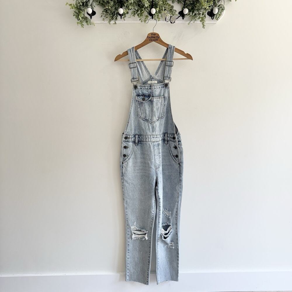 Neuflora Light Wash Distressed Denim Bib Overalls XS 21-1984